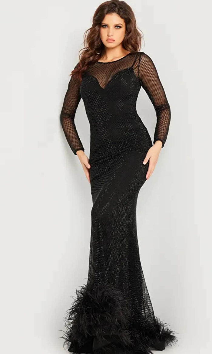 Jovani 26047 - Feather Detailed Long Sleeve Evening Dress Evening Dresses 00 / Black