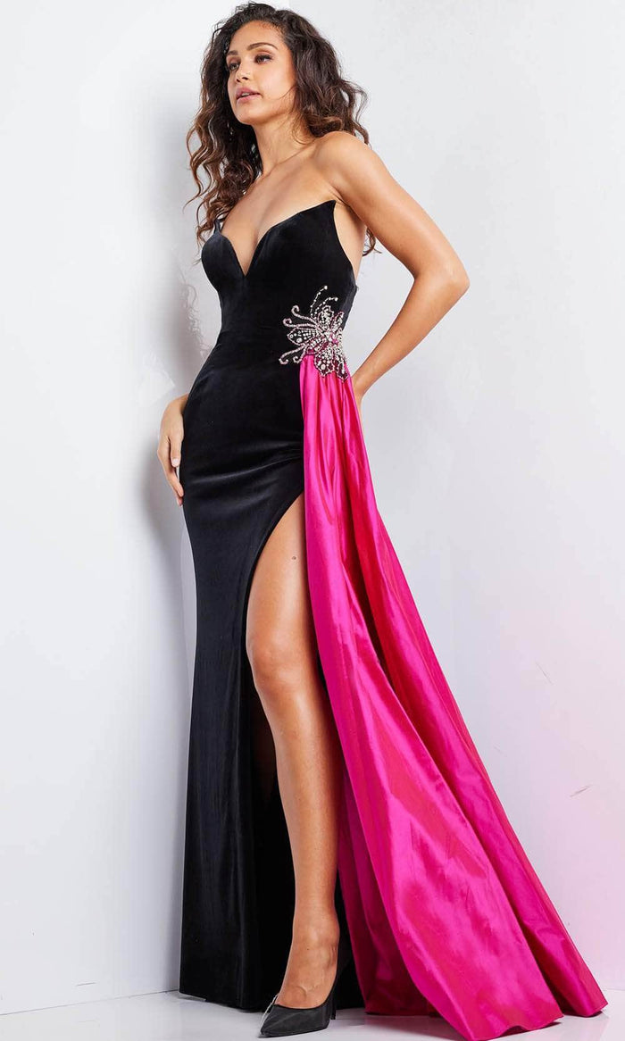 Jovani 26117 - Velvet Strapless Prom Gown Pageant Dresses 00 / Black/Fushcia