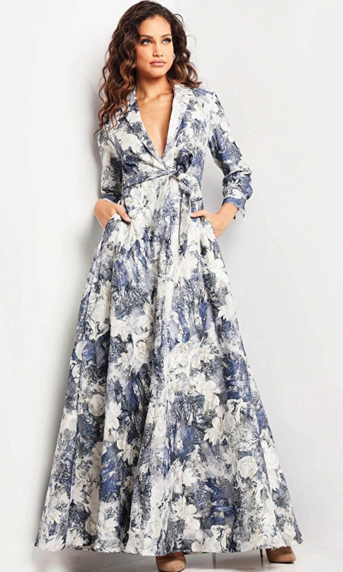 Jovani 26202 - Floral V Neck A line Dress Long Dresses 00 / Print