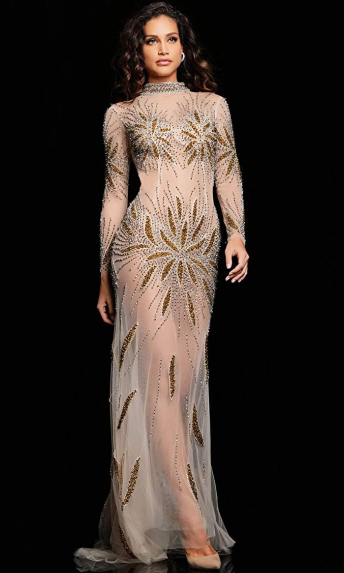 Jovani 26257 - Embroidered Beaded Evening Dress Evening Dresses 00 / Nude/ Gold
