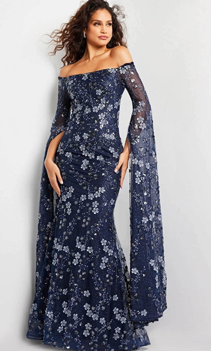 Jovani 26330 - Floral Embroidered Cape Long Gown Long Dresses 00 / Navy