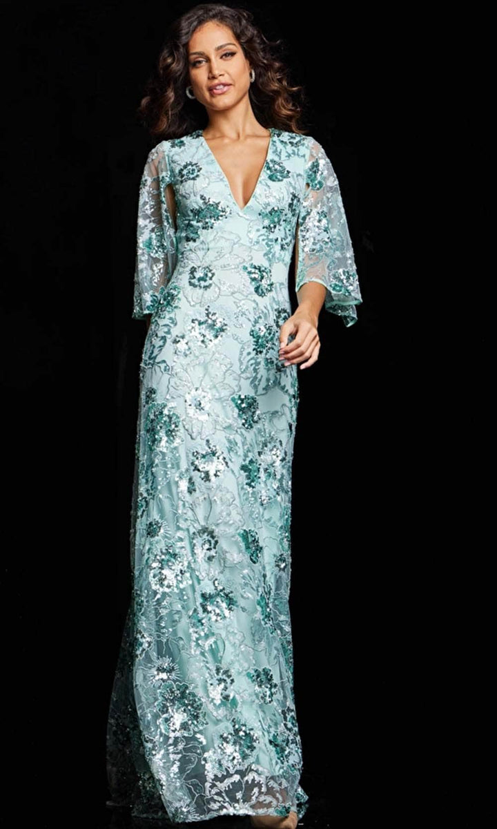 Jovani - Sequined Floral V-Neck Evening Gown 63739 - 2 pcs Nude In Sizes 0 and 2 Available main image 1