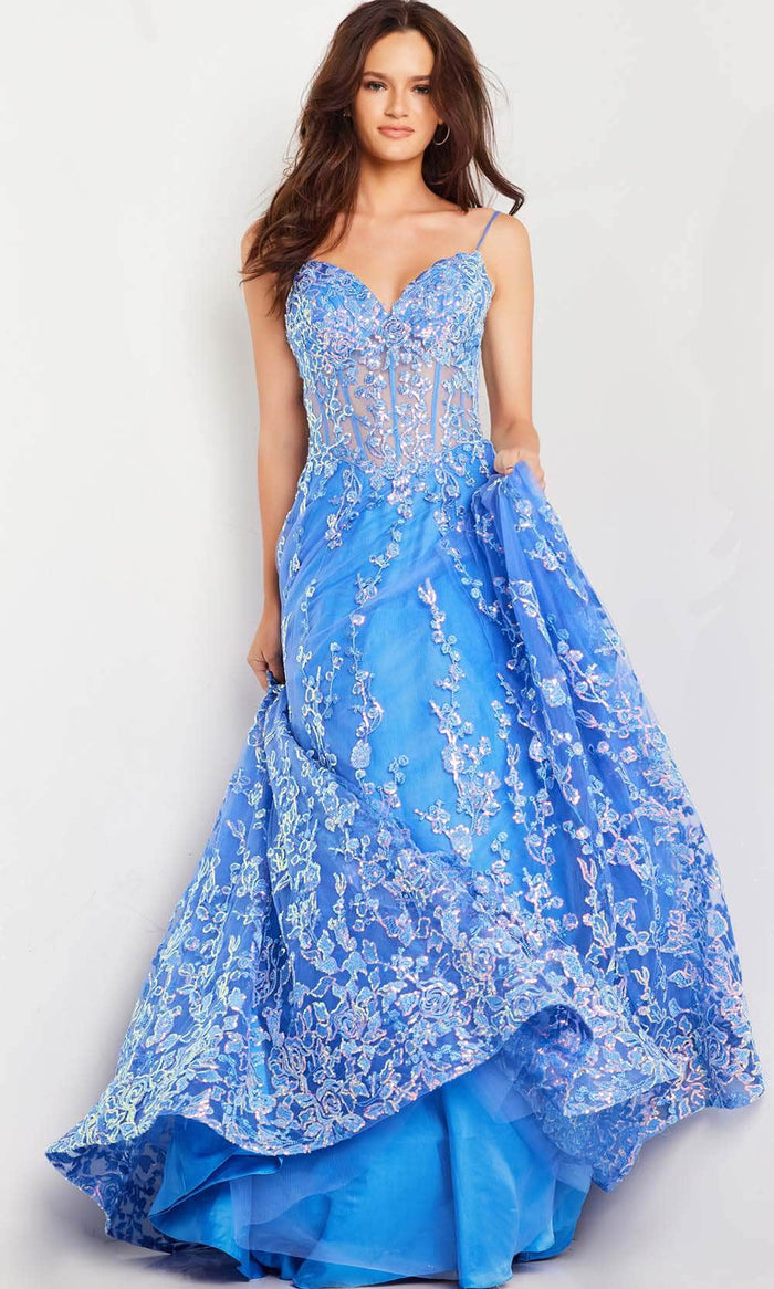 Jovani 29072 - Floral Corset A-line Dress Prom Dresses 00 / Turquoise