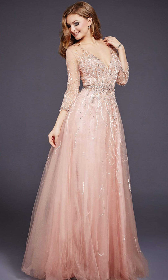 Jovani - 29084 Quarter Sleeve Ornate Illusion Tulle Gown
