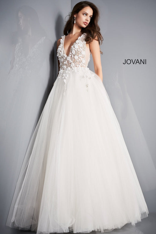 Jovani - 3110 Floral Applique Deep V-neck Tulle Ballgown