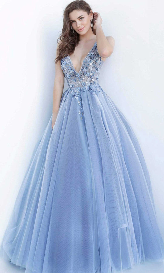 Jovani - 3110 Floral Applique Deep V-neck Tulle Ballgown