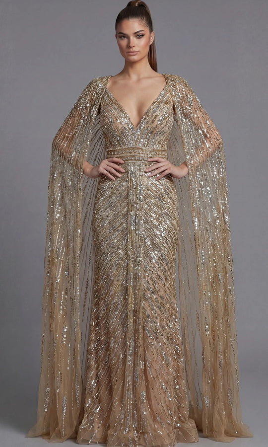 Jovani 36358 - Beaded Cape Sleeve Column Gown
