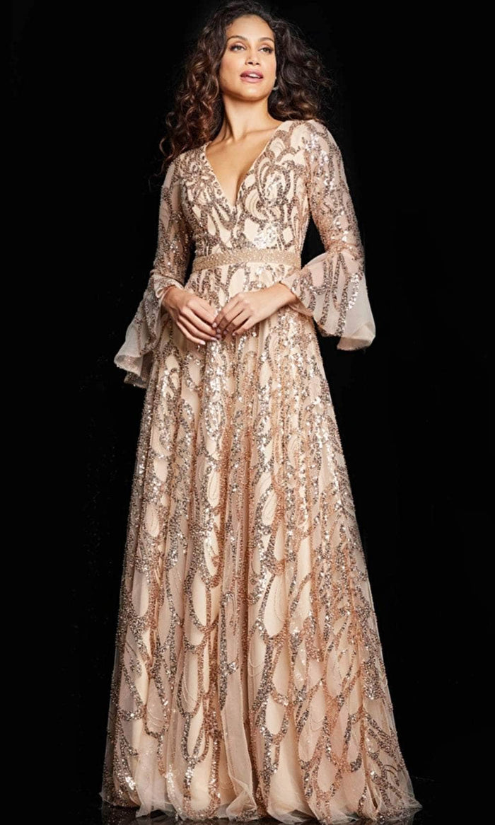 Jovani 36380SC - Long Sleeve Sequin Formal Dress Mother of the Bride Dresses 10 / Blush