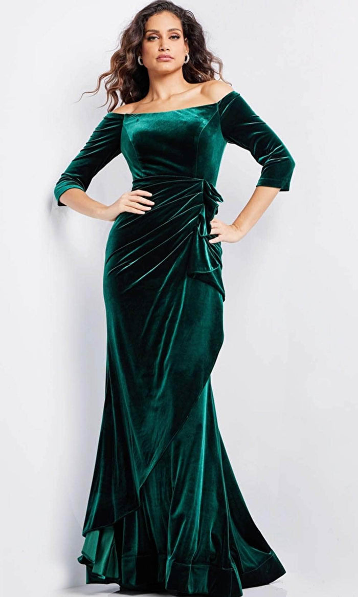 Jovani 36458 - Velvet Quarter Sleeve Evening Gown Evening Dresses 00 / Emerald