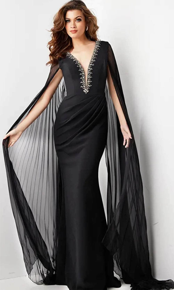 Jovani 36473 - Rhinestone Embellished Plunging V-Neck Prom Dress Evening Dresses 00 / Black