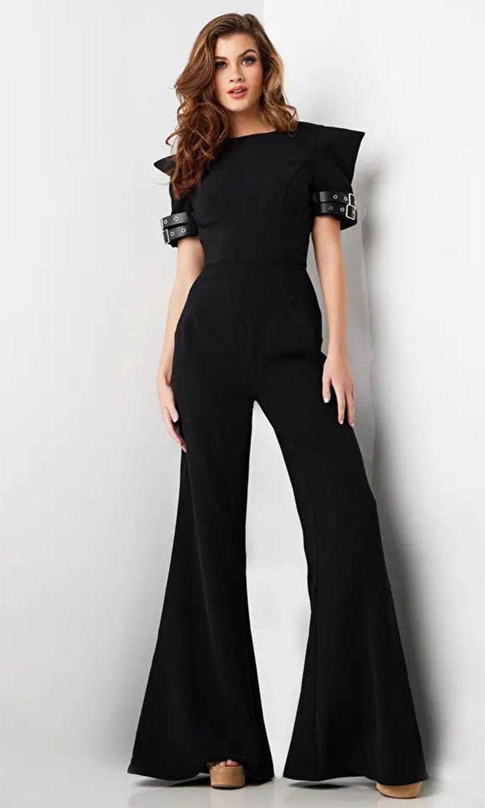 Jovani 36692 - Belt-Like Detailed Short Sleeve Jumpsuit Formal Pantsuits 00 / Black