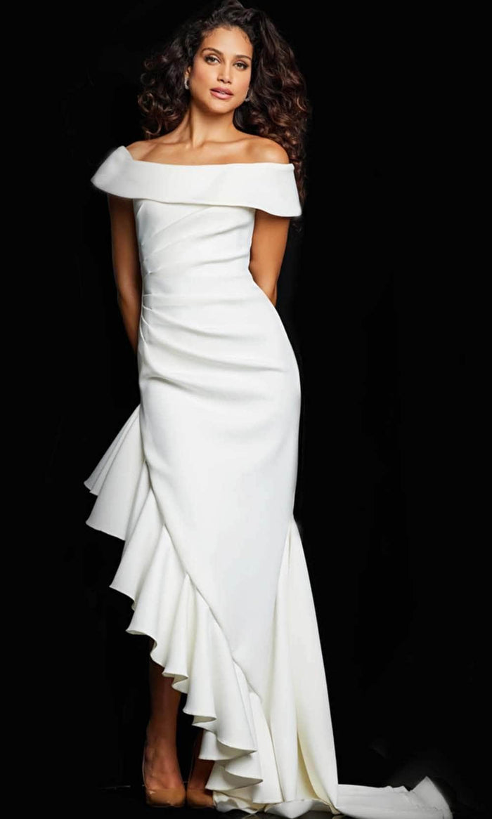 Jovani 36910 - Ruffle Trim Evening Dress with Slit Bridal Dresses 00 / White