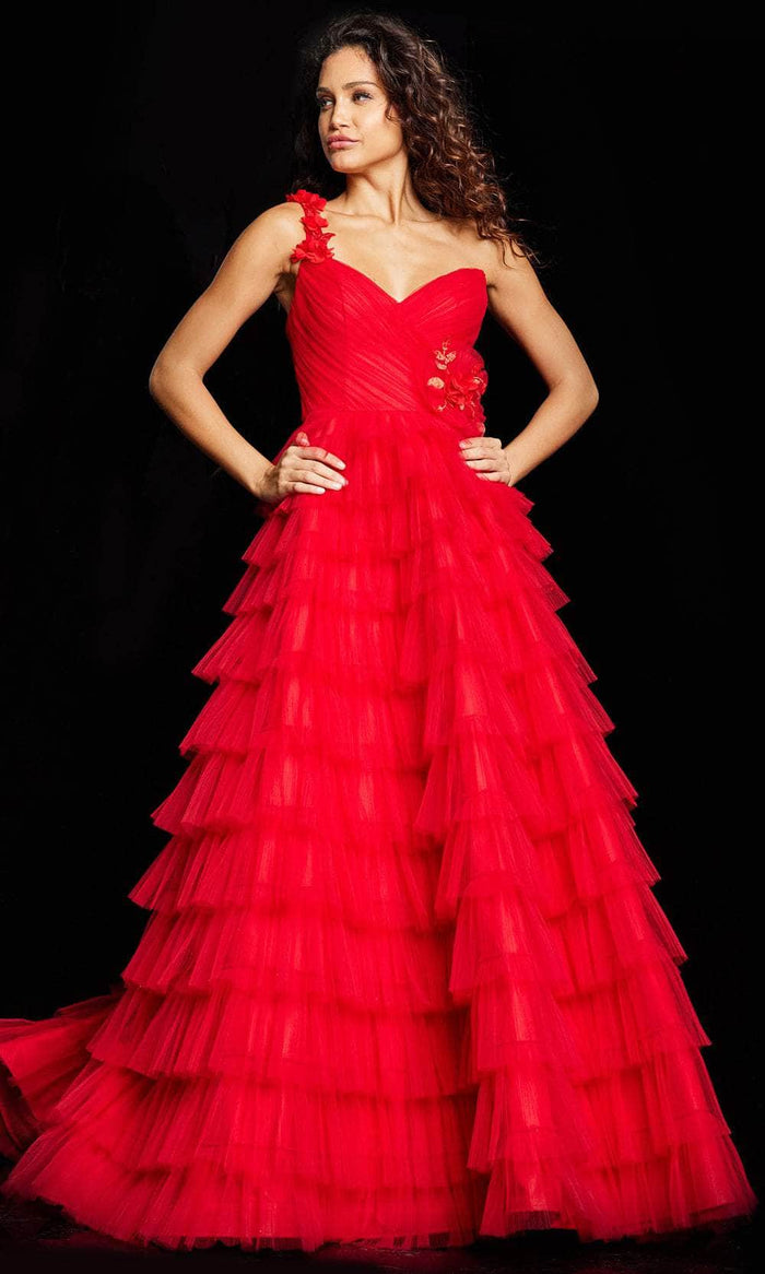 Jovani 37274 - Single Strap Layered A-line Gown Evening Dresses 00 / Red