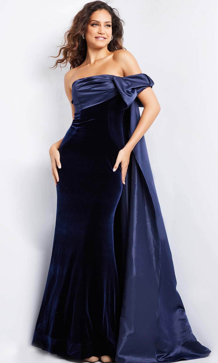 Jovani 37391 - Straight-Across Velvet Evening Gown Special Occasion Dress 00 / Navy/Navy