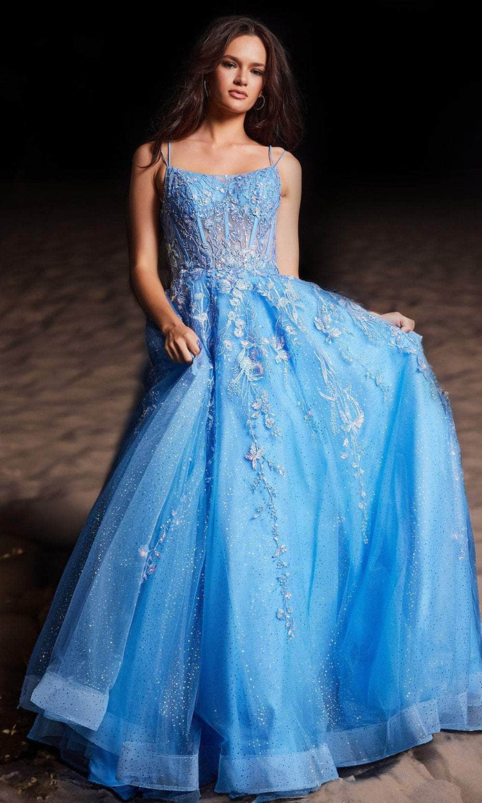 Jovani 37421 - Floral Corset A-line Gown Long Dresses 00 / Blue