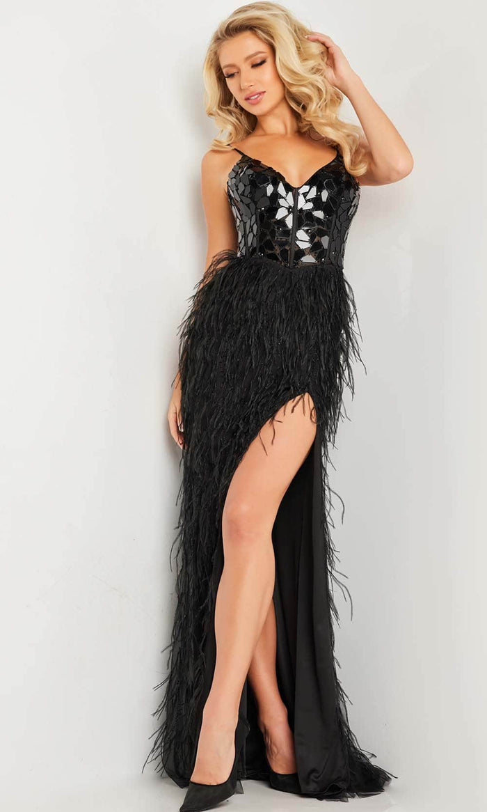 Jovani 37435 - Feather Skirt Prom Gown Special Occasion Dress 00 / Black