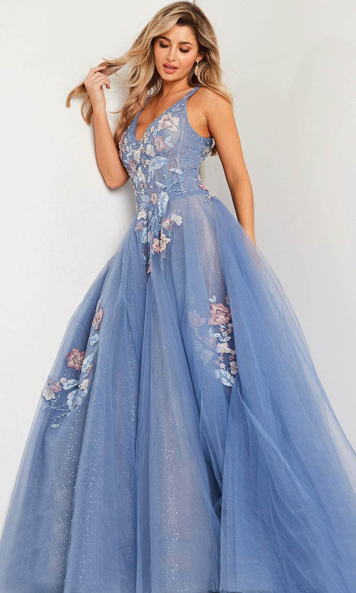 Jovani 37468 - Floral Embroidered Ballgown Ball Gowns 00 / Blue