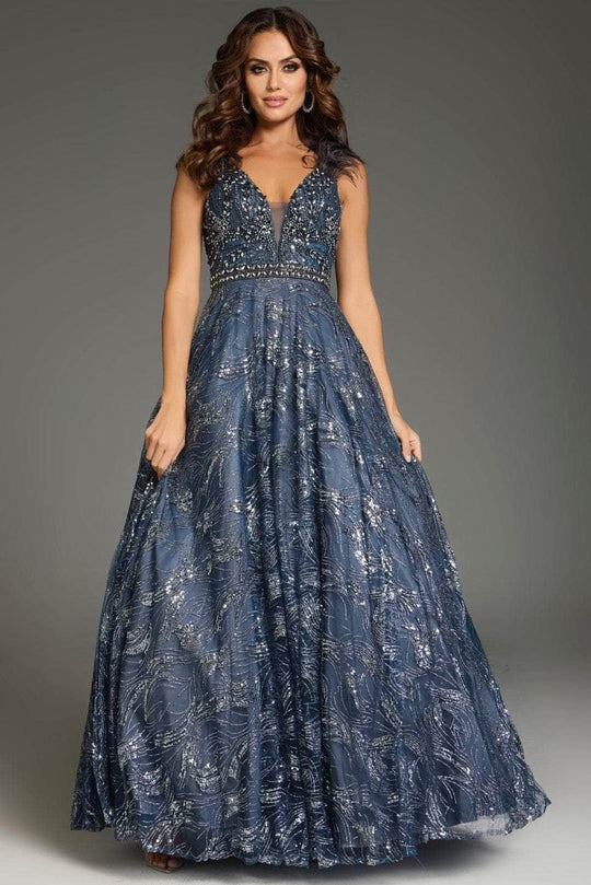 Jovani 37551 - Rhinestone Embellished Plunging V-Neck Prom Gown