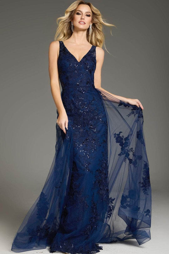Jovani 37600 - Floral Applique V-Shaped Back Evening Gown