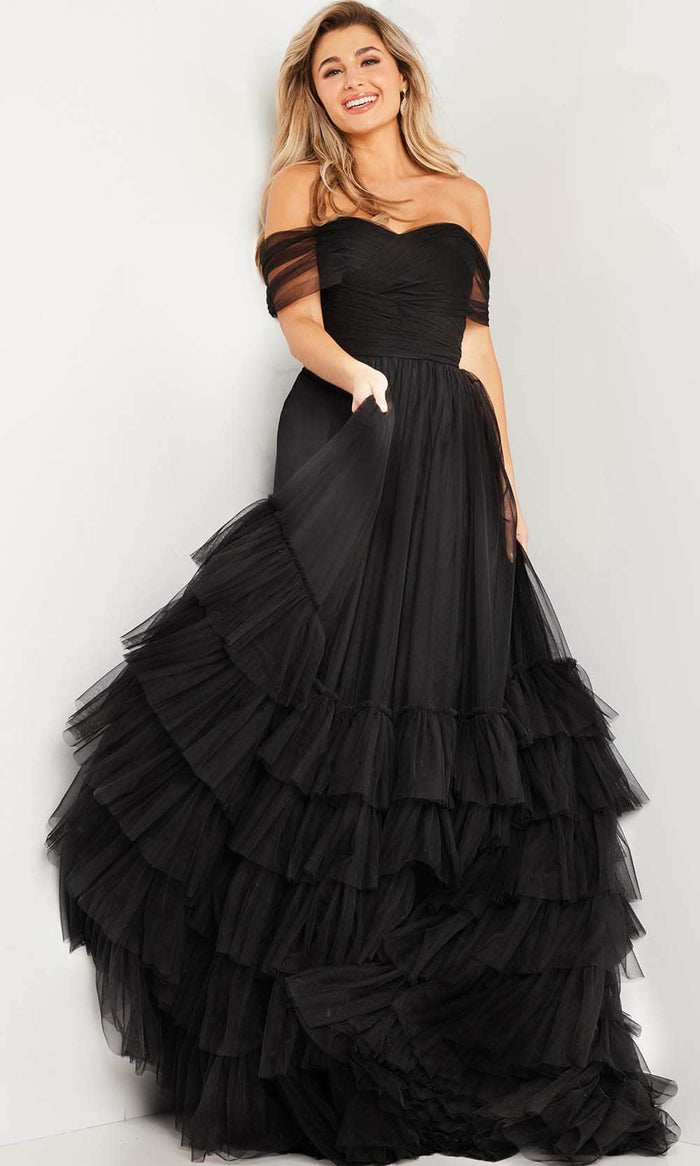 Jovani 37608 - Off Shoulder Tulle Ballgown Special Occasion Dress 00 / Black
