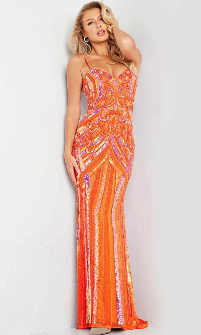Jovani 38300 - Sequin Embellished Mesh Gown Prom Dresses 00 / Orange