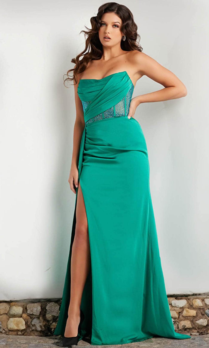 Jovani 38330 - Embellished Stretch Satin Corset Dress Prom Dresses 00 / Green