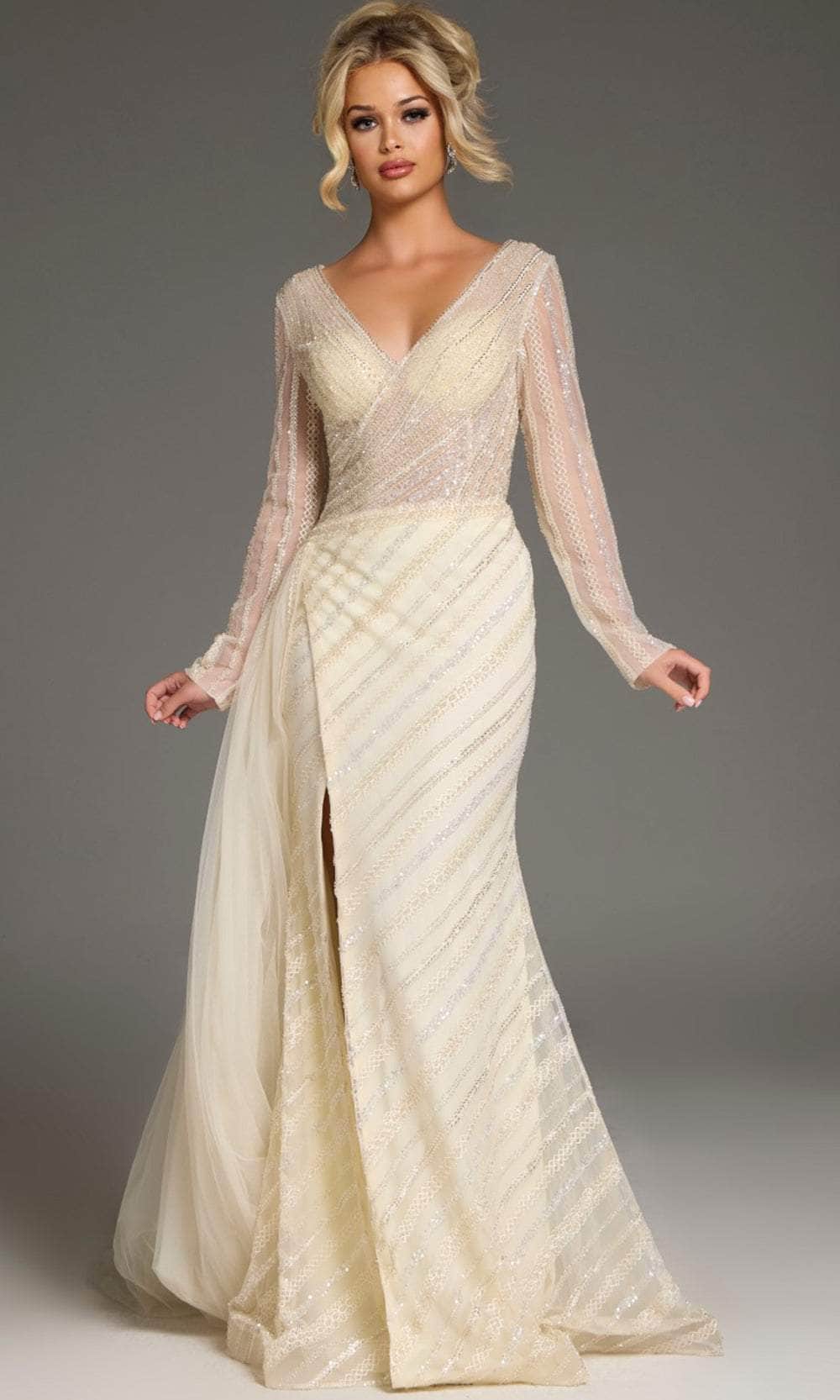 Jovani 38581 - Long Sheath Dress - Long Sleeves, Fitted Bodice, Hot Stone Embellished, High Slit, Lace, Back Zipper Closure, Train 6 / Navy - Shop Jovani 38581 - Long Sheath Dress - Long Sleeves, Fitted Bodice, Hot Stone Embellished, High Slit, Lace, Back Zipper Closure, Train 6 / Navy - Shop