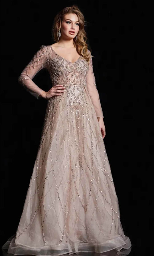 Jovani 38589 - Sheer Long Sleeve Beaded Prom Gown