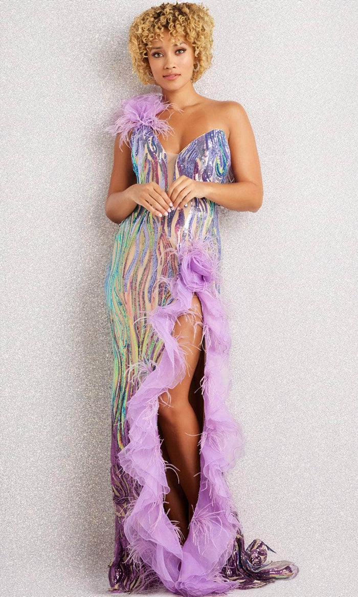 Jovani 38678 - Sequined Illusion Ruffled Long Dress Prom Dresses 00 / Lilac/Purple