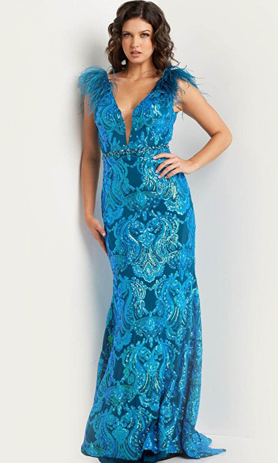 Jovani 38758 - Feather Sequined Long Gown