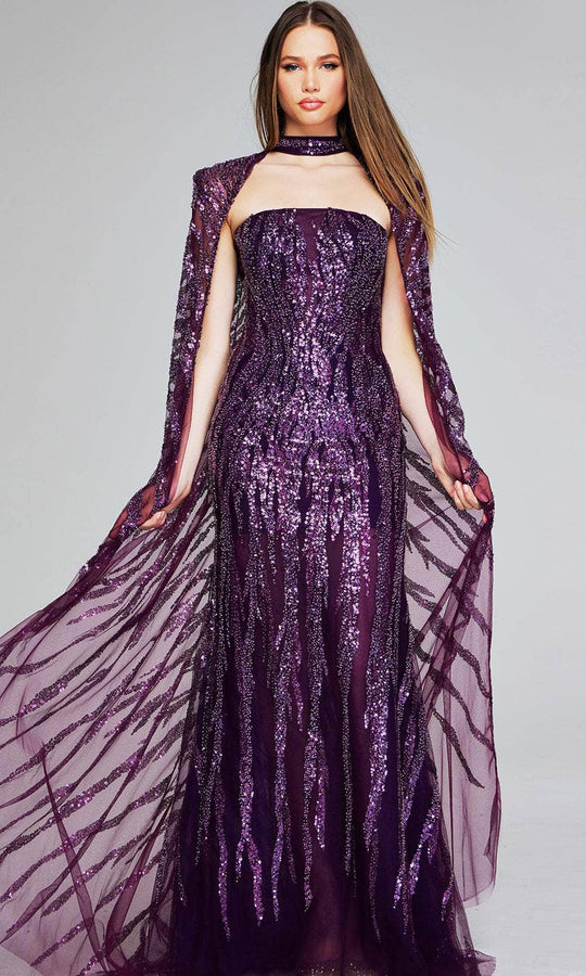 Jovani 39046 - Patterned Sequin Long Cape Evening Gown