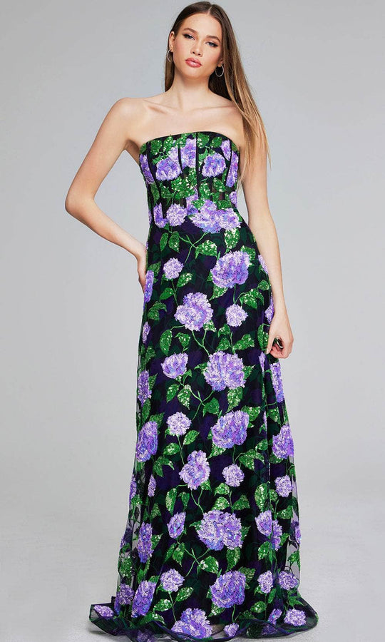 Jovani 39116 - Floral Sequin Straight Across Evening Gown
