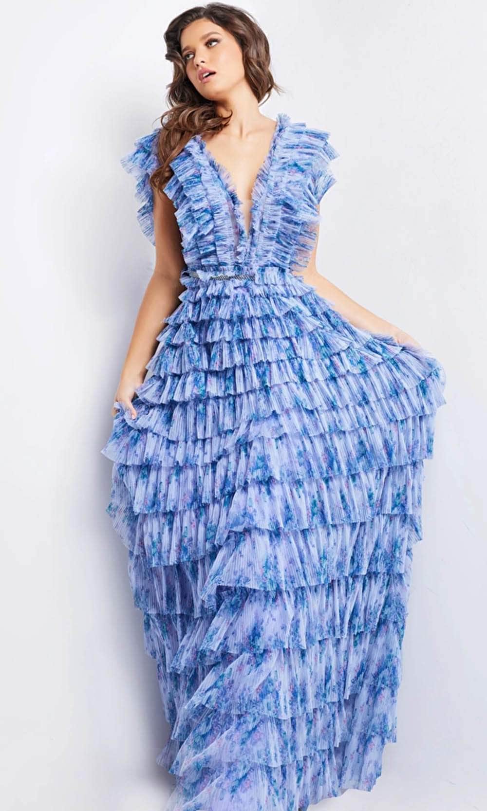 Jovani 39143 - Sheer V-Neck Tiered Long Dress – Couture Candy