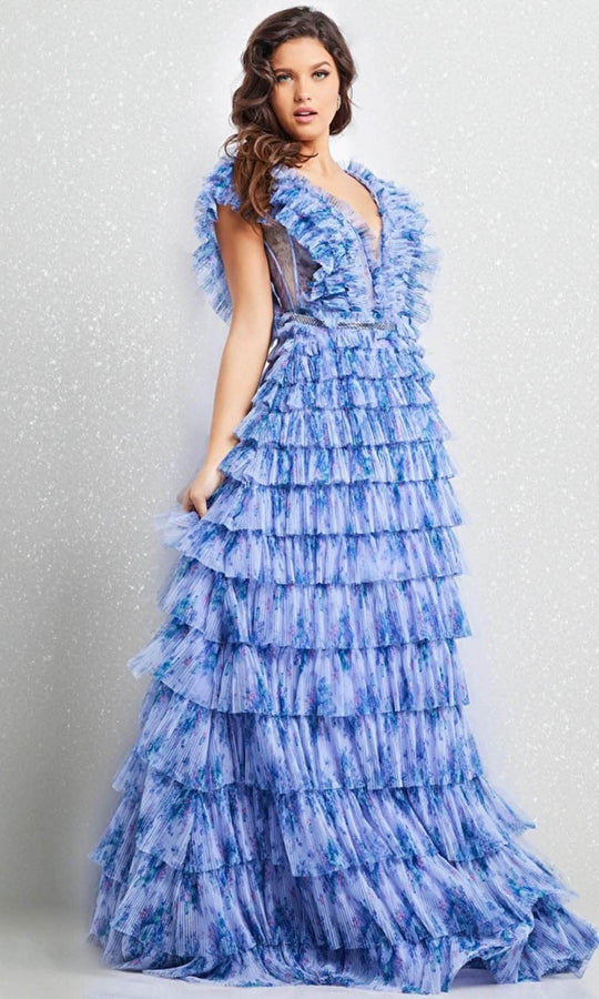 Jovani 39143 - Sheer V-Neck Tiered Long Dress
