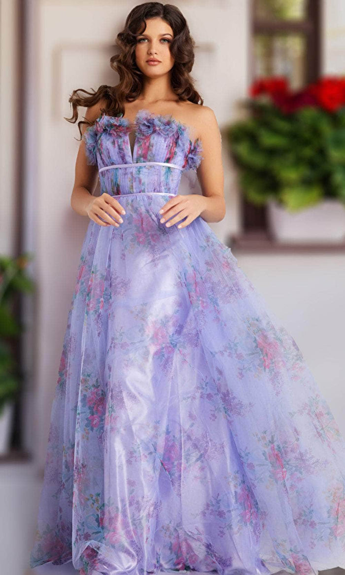 Jovani 39151 - Floral Print Empire Gown Evening Dresses 00 / Lilac