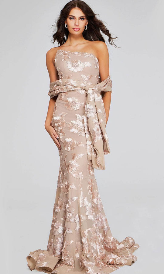 Jovani 39267 - Asymmetric Floral Appliqued Evening Gown