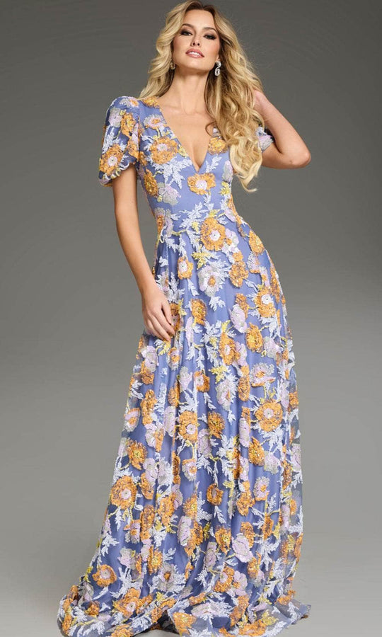Jovani 39273 - Floral Embroidered Puff Sleeve Prom Gown