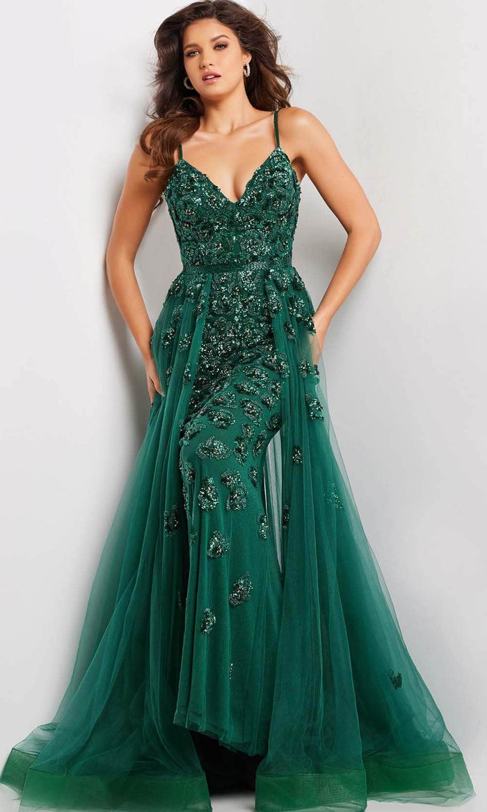 Jovani 39434 - Sequin Embellished Prom Gown Special Occasion Dress 00 / Emerald/Emerald