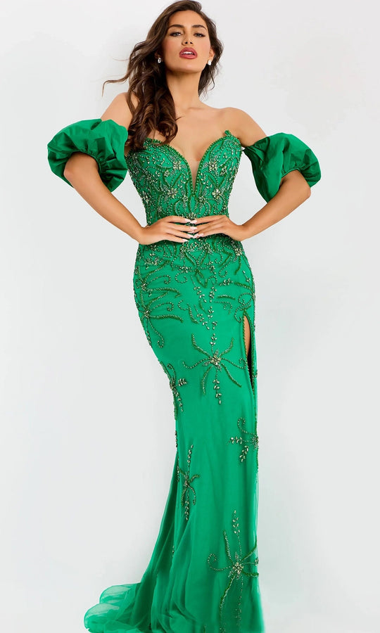 Jovani 39615 - Beaded Column Gown with Puff Sleeves
