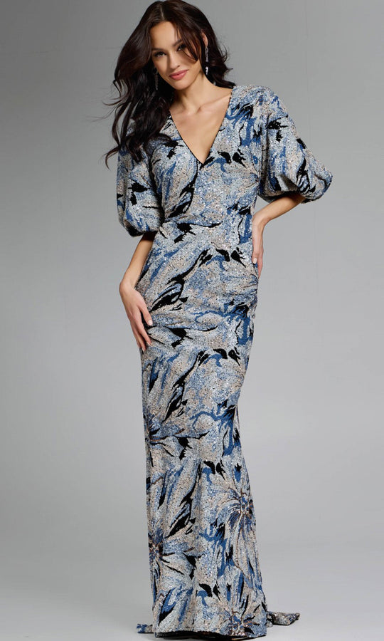 Jovani 39692 - Puff Sleeve Floral Embellished Gown