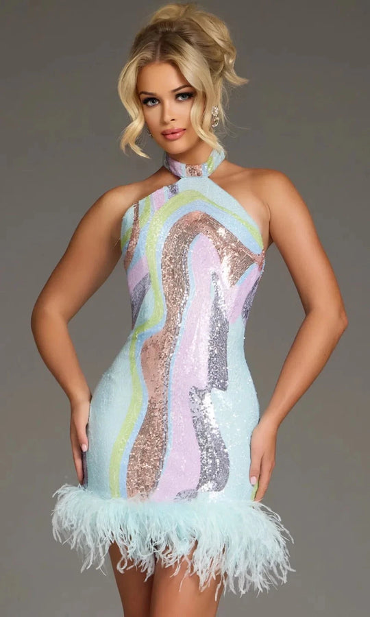 Jovani 40089 - Multicolor Sequin Halter Dress with Feathers