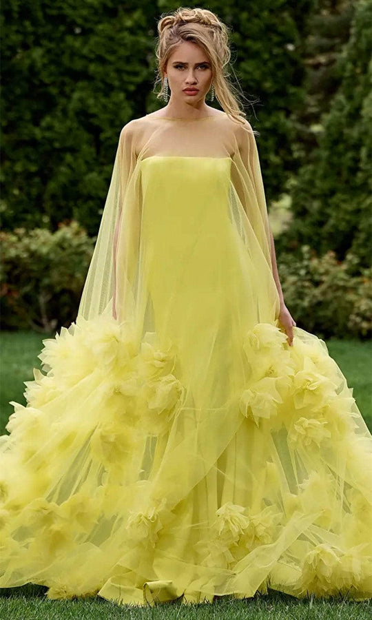 Jovani 40092 - Floral Appliqued Cape Evening Gown