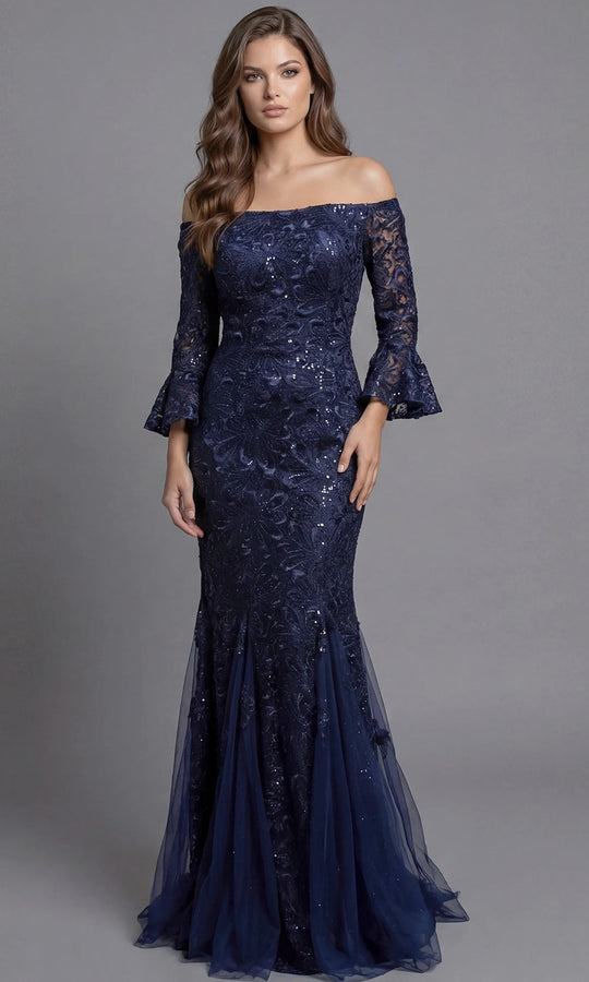 Jovani 40155 - Allover Lace Three-Quarter Bell Sleeve Gown