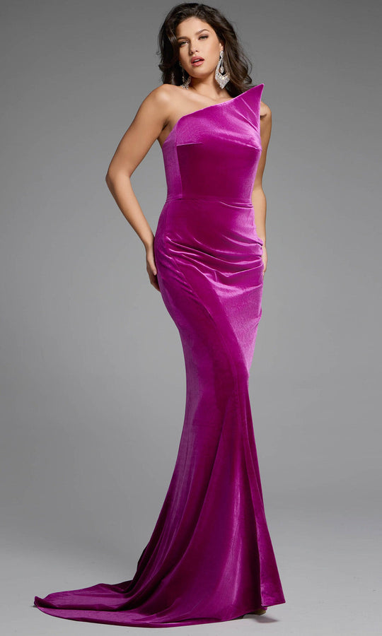 Jovani 40307 - Velvet Asymmetric Neck Sheath Gown