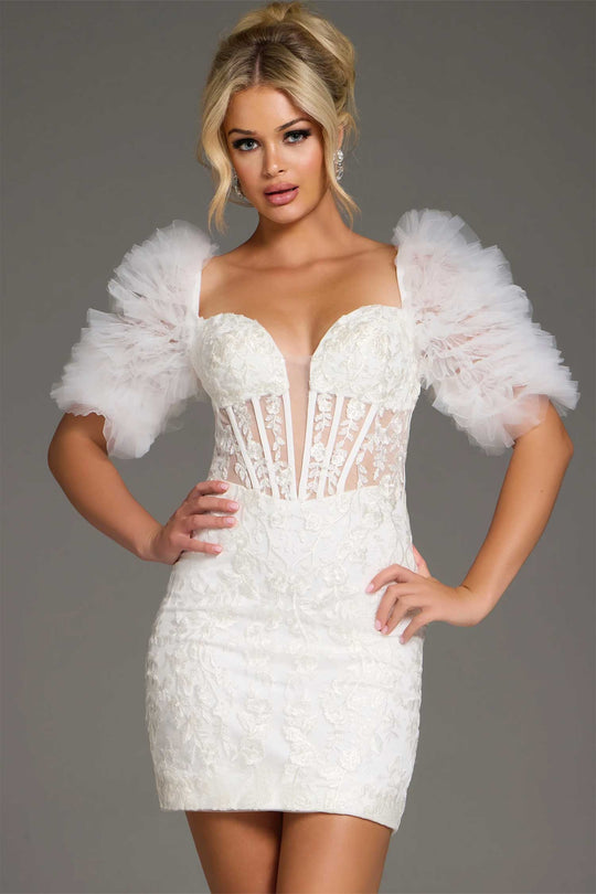 Jovani 40426 - Tulle Puff Sleeve Floral Mini Dress