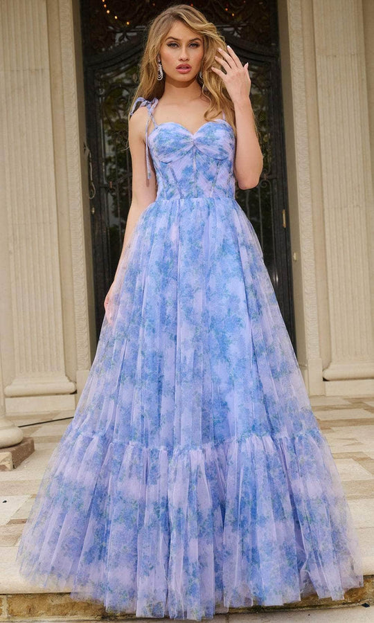 Jovani 40432 - Tie Straps Floral Print Prom Gown