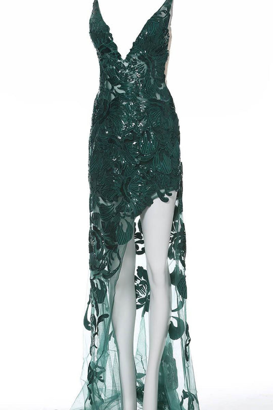 Jovani - 4084 Floral Sequin Appliqued Fitted High Low Prom Dress