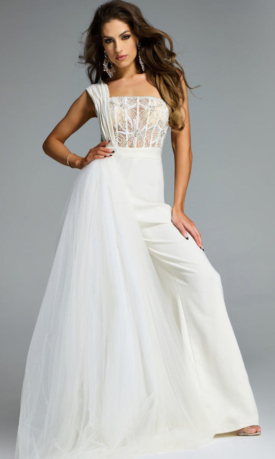 Jovani 40933 - One Shoulder Jumpsuit with Tulle Overlay