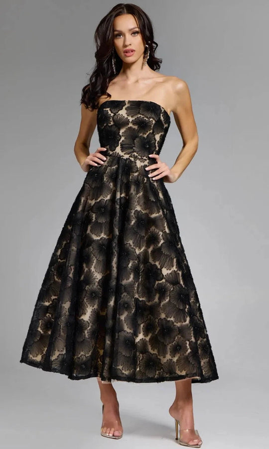 Jovani 41187 - Strapless Floral Embroidered Tea-Length Dress
