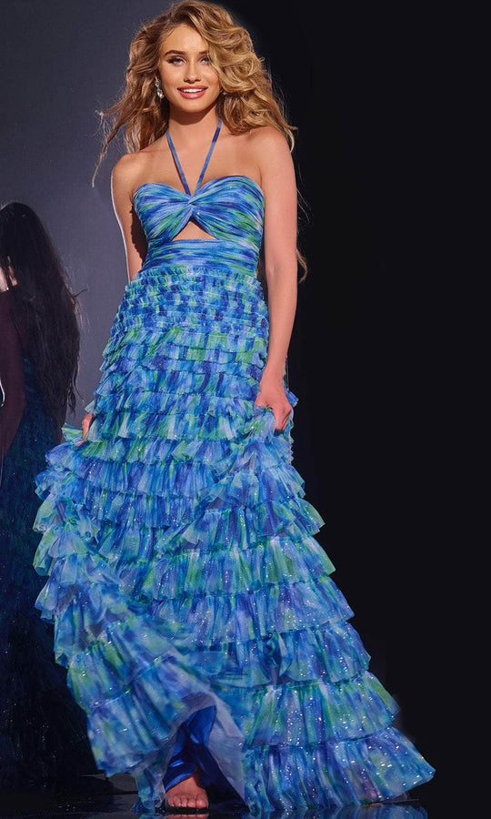 Jovani 42182 - Halter Neck Tiered Ruffle Keyhole Prom Gown